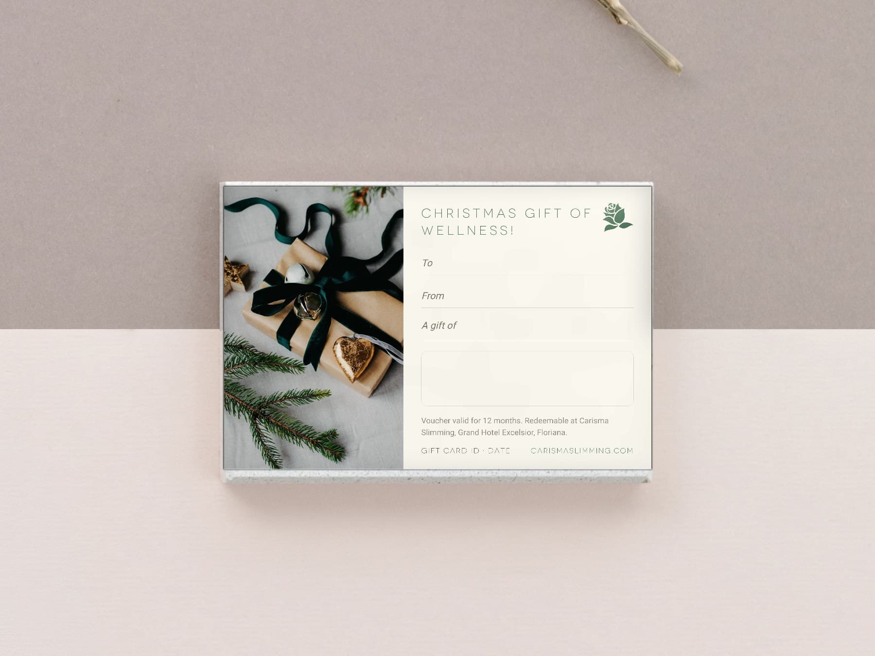 Christmas Carisma Slimming gift card, styled flat-lay