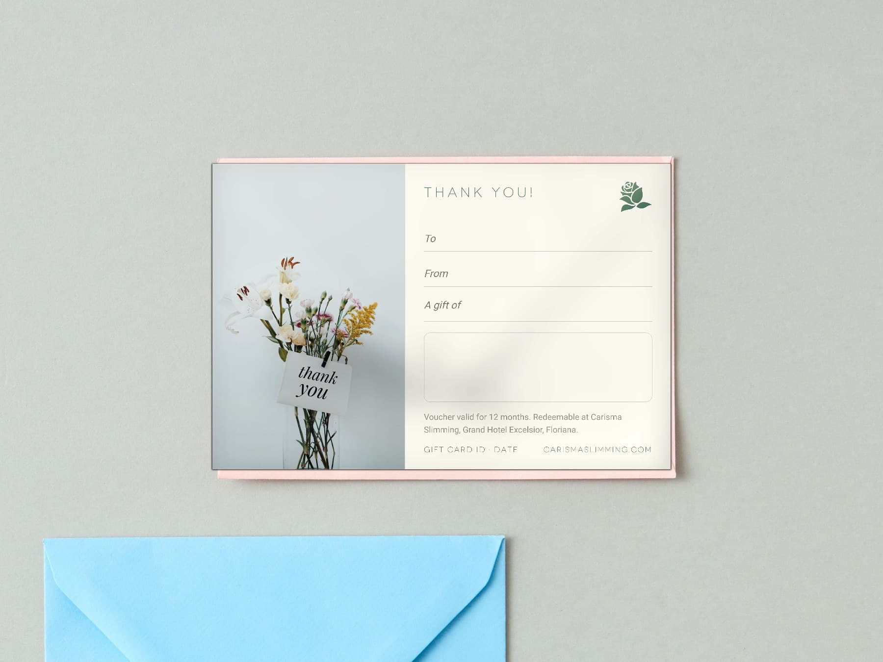 Thank You Carisma Slimming gift card, styled flat-lay