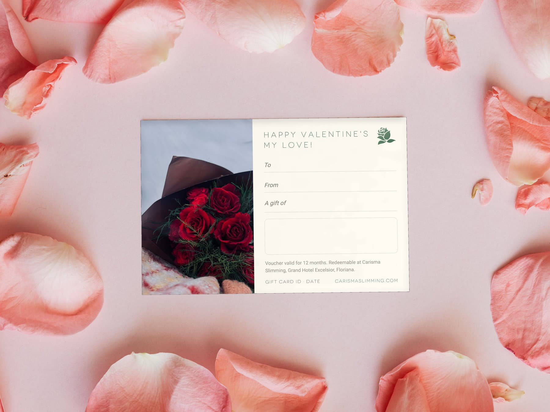 Valentine's Day Carisma Slimming gift card, styled flat-lay